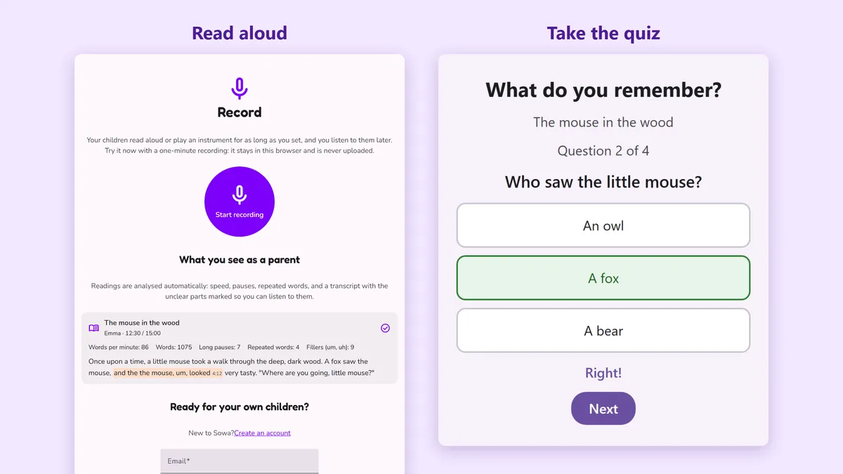 The Record page next to a reading quiz with three answers to choose from