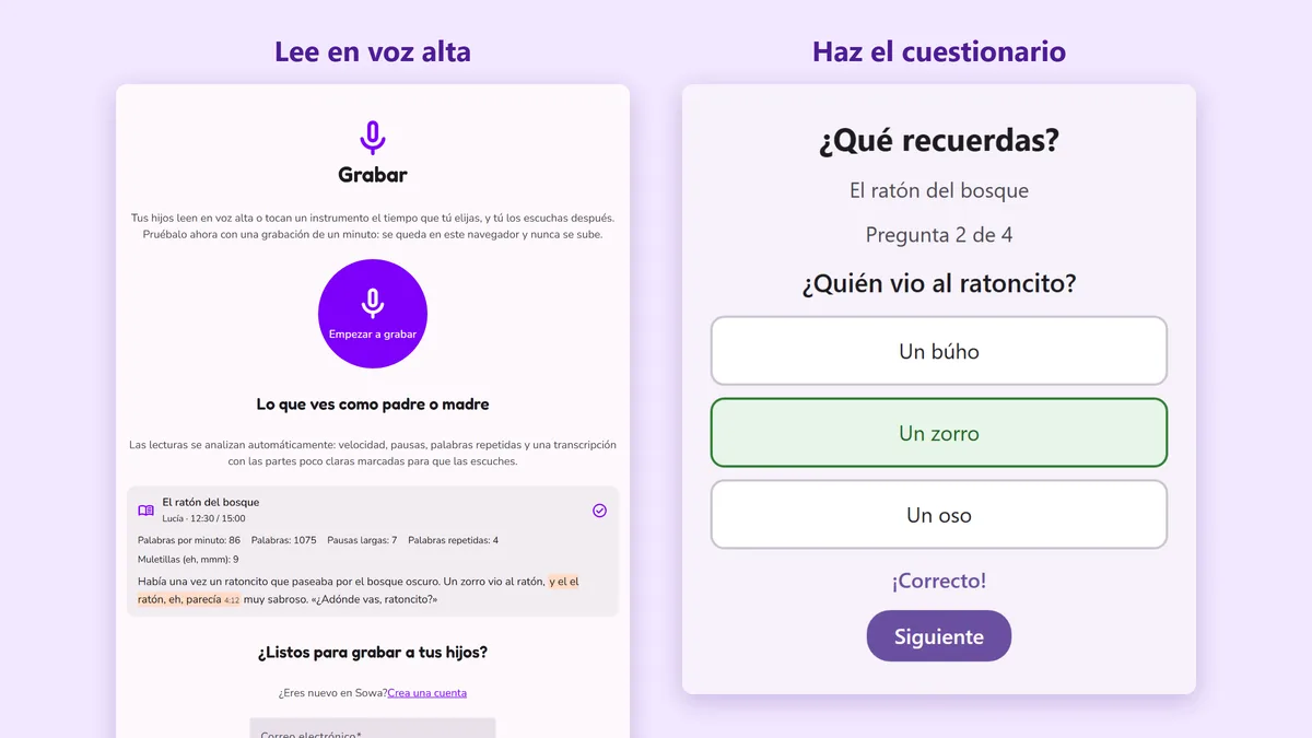 La página Grabar junto a un cuestionario de lectura con tres respuestas para elegir
