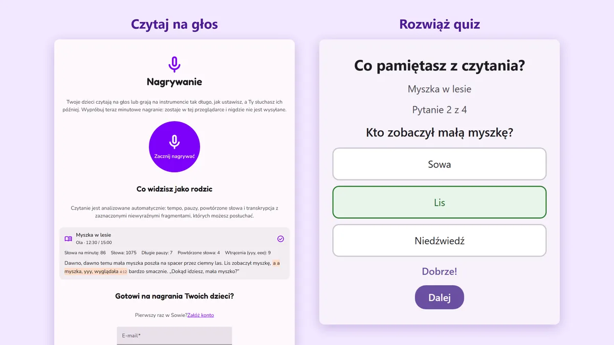 Strona Nagrywanie obok quizu z czytania z trzema odpowiedziami do wyboru