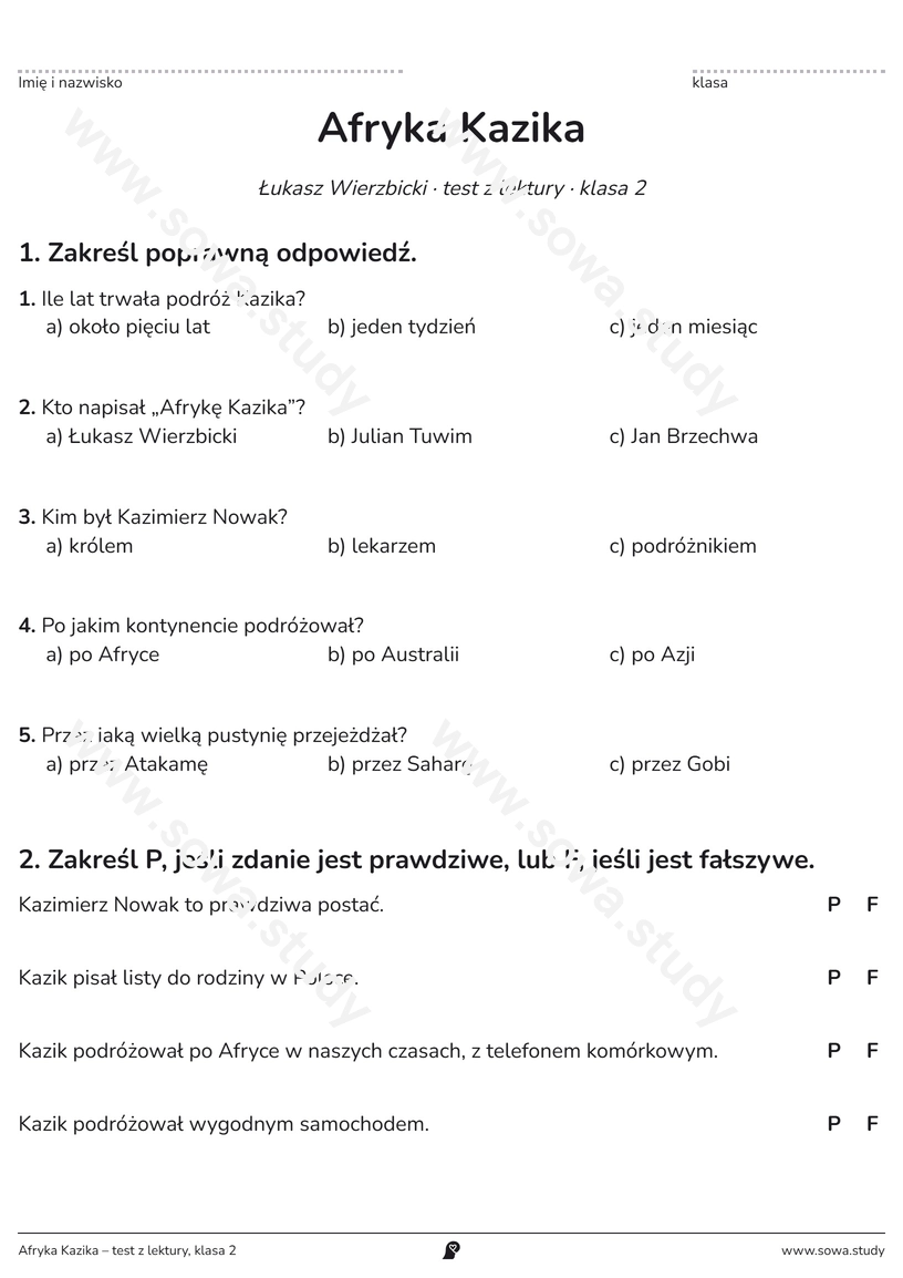 Afryka Kazika – test z lektury, klasa 2 – darmowa karta pracy do druku