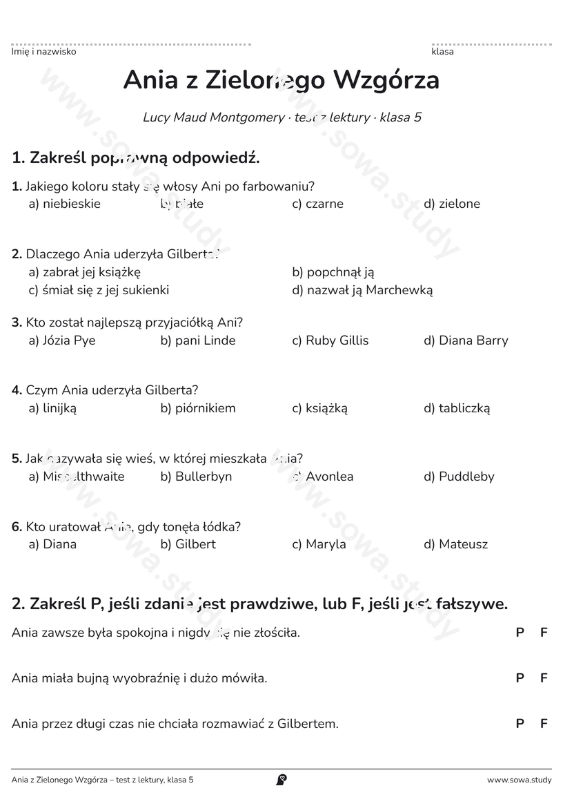 Ania z Zielonego Wzgórza – test z lektury, klasa 5 – darmowa karta pracy do druku