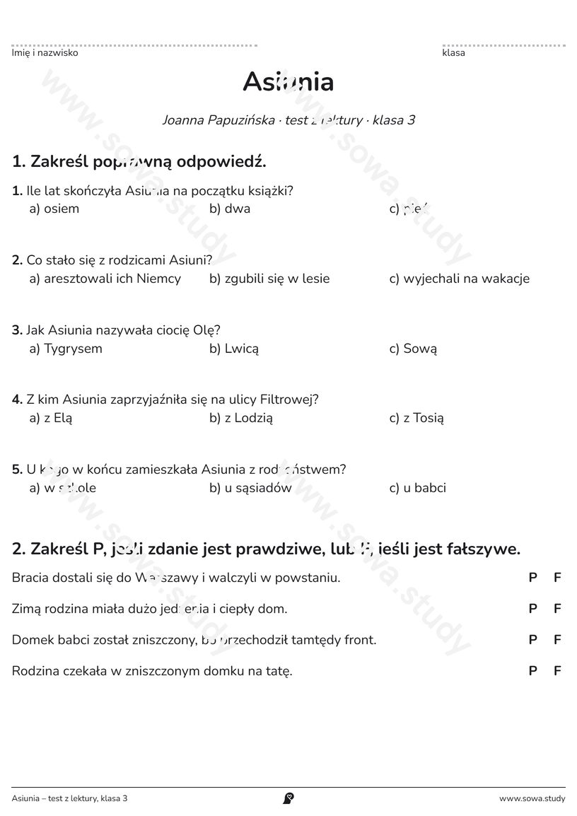 Asiunia – test z lektury, klasa 3 – darmowa karta pracy do druku