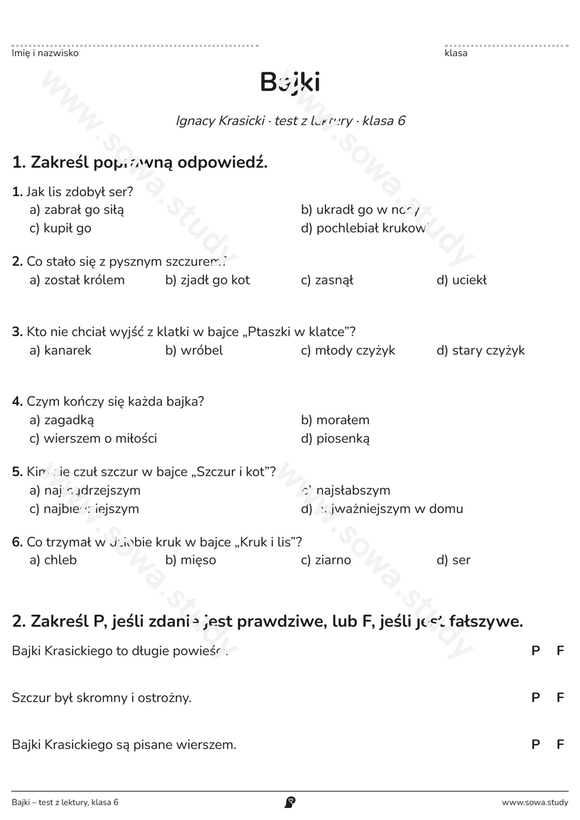 Bajki – test z lektury, klasa 6 – darmowa karta pracy do druku