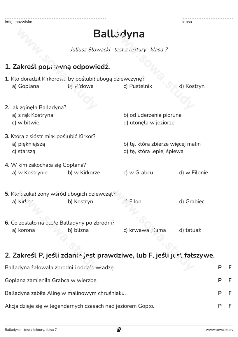 Balladyna – test z lektury, klasa 7 – darmowa karta pracy do druku