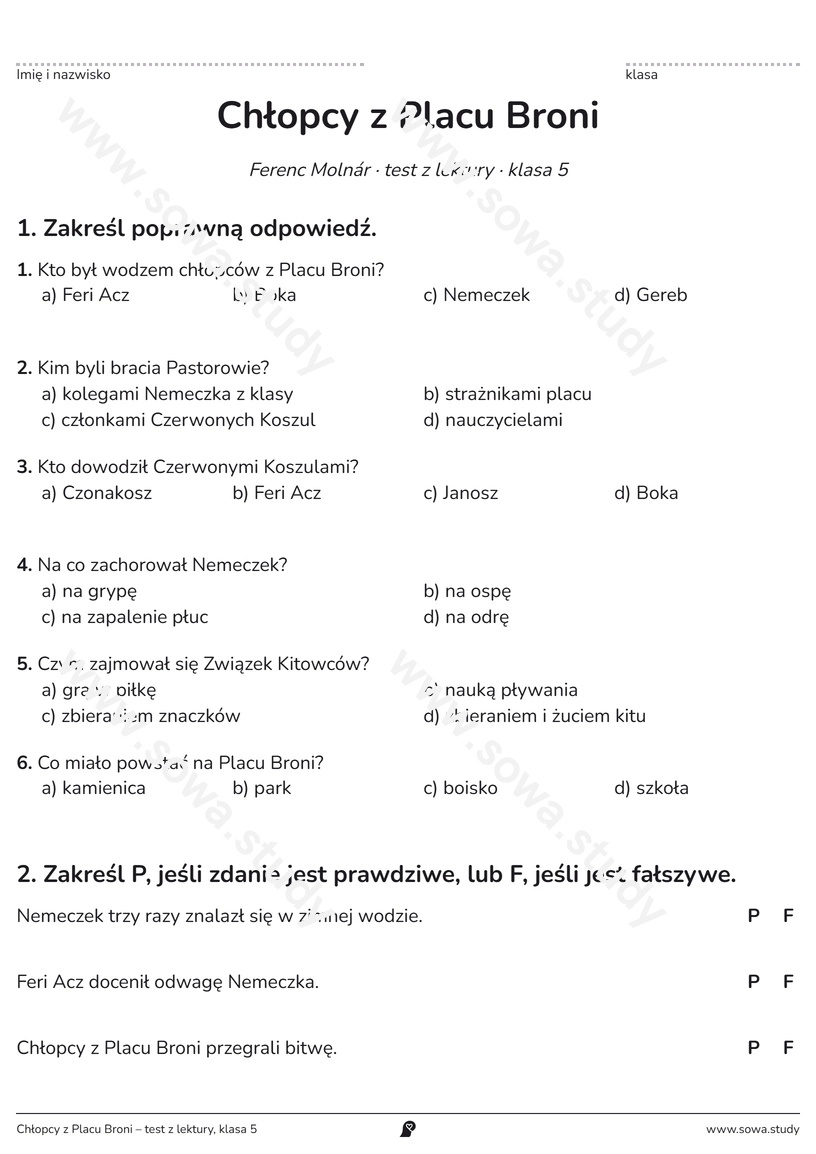 Chłopcy z Placu Broni – test z lektury, klasa 5 – karta pracy do druku