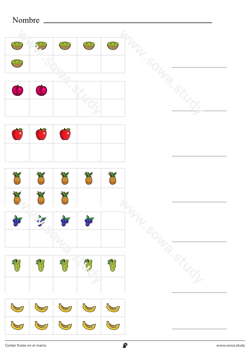 Contar frutas en el marco (en color) – ficha para imprimir