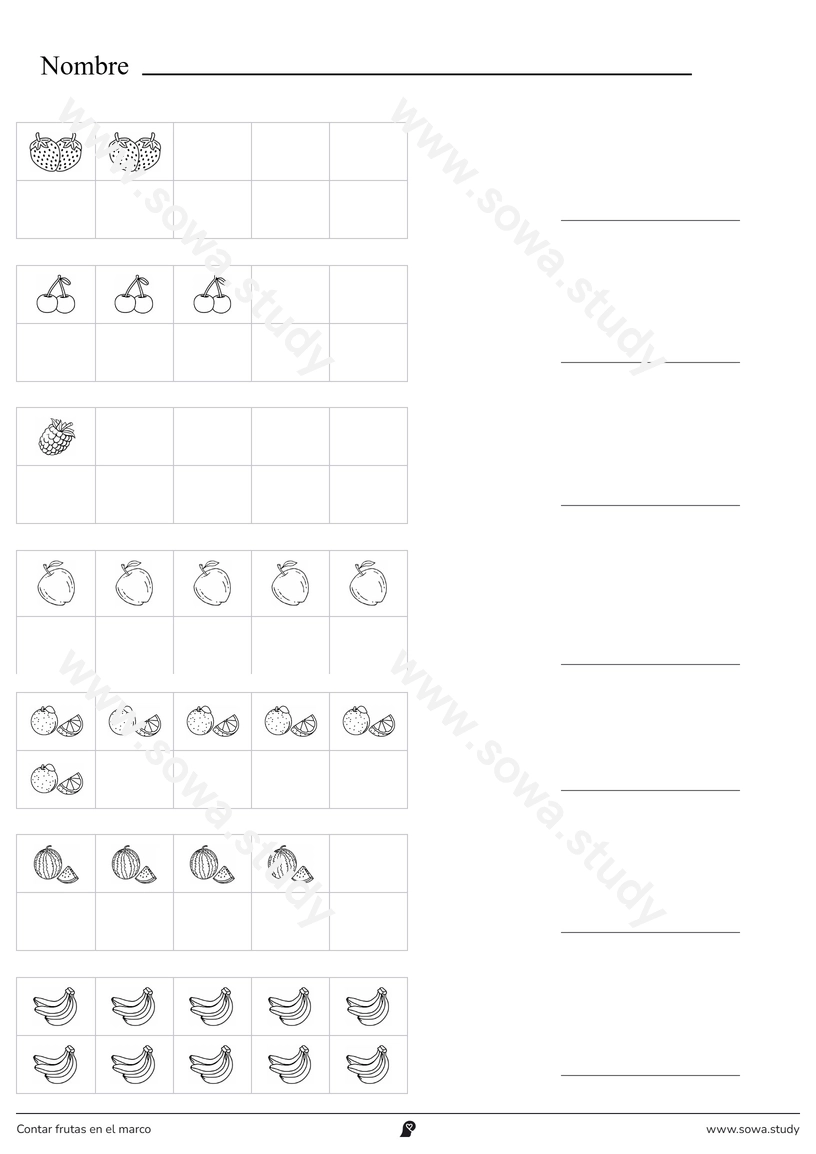 Contar frutas en el marco (en blanco y negro) – ficha imprimible gratis
