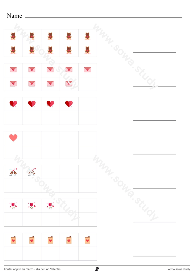 Contar objeto en marco – día de San Valentín (en color) – ficha imprimible gratis
