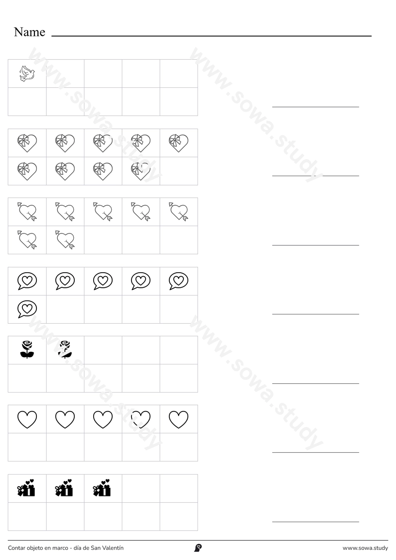 Contar objeto en marco – día de San Valentín (en blanco y negro) – ficha para imprimir