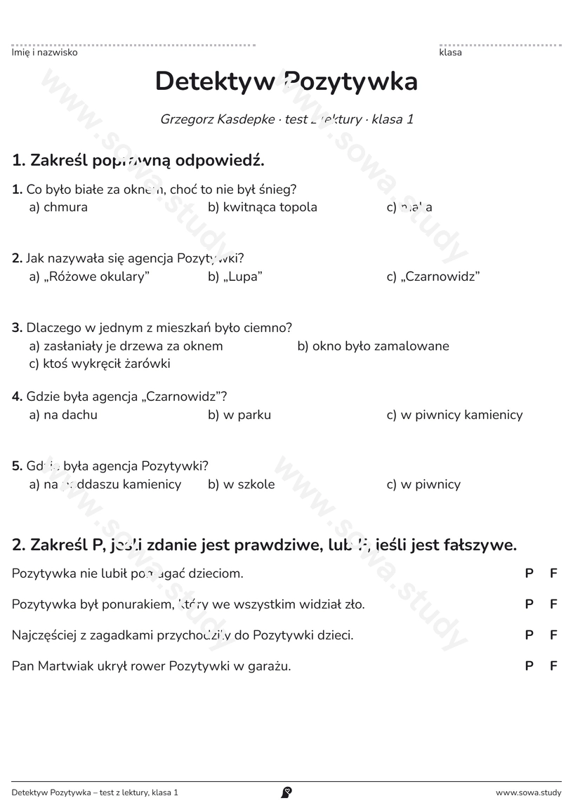 Detektyw Pozytywka – test z lektury, klasa 1 – darmowa karta pracy do druku