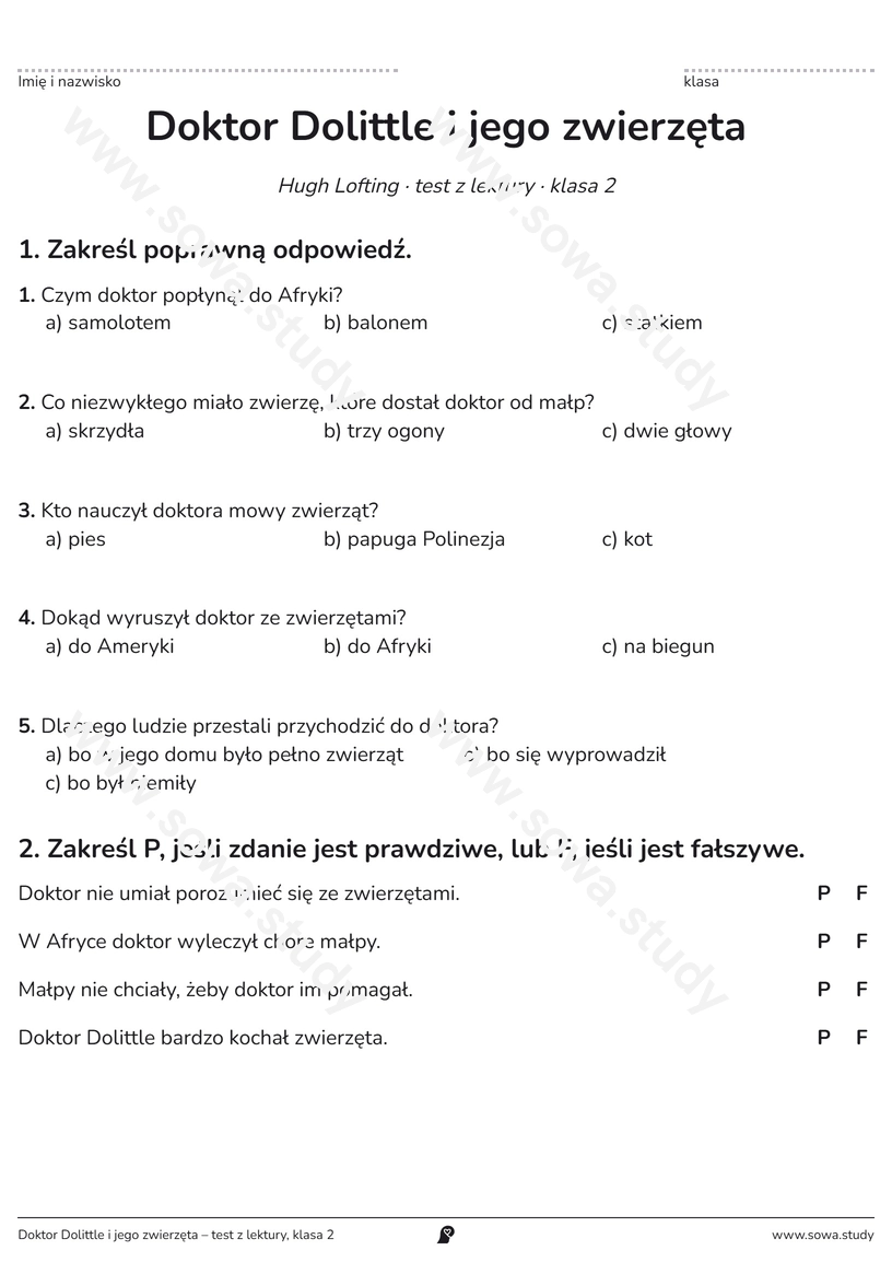 Doktor Dolittle i jego zwierzęta – test z lektury, klasa 2 – darmowa karta pracy do druku