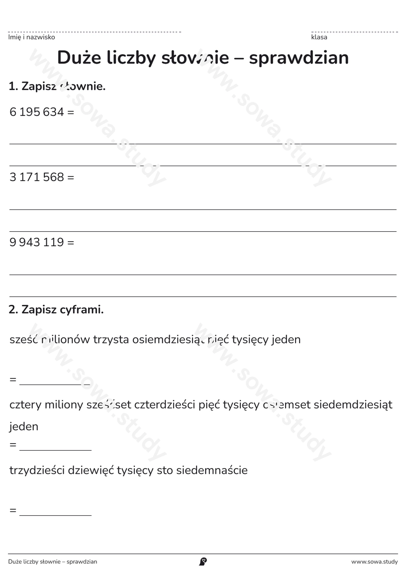 Duże liczby słownie – sprawdzian – darmowa karta pracy do druku