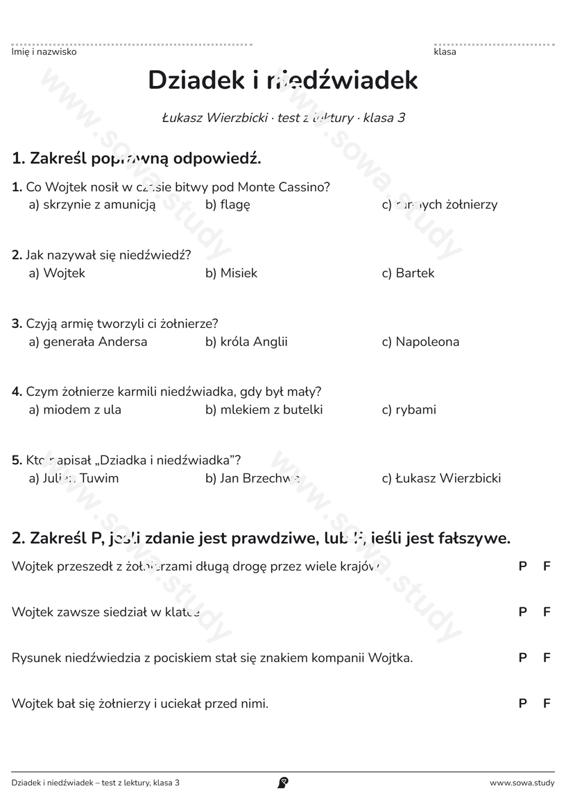 Dziadek i niedźwiadek – test z lektury, klasa 3 – darmowa karta pracy do druku