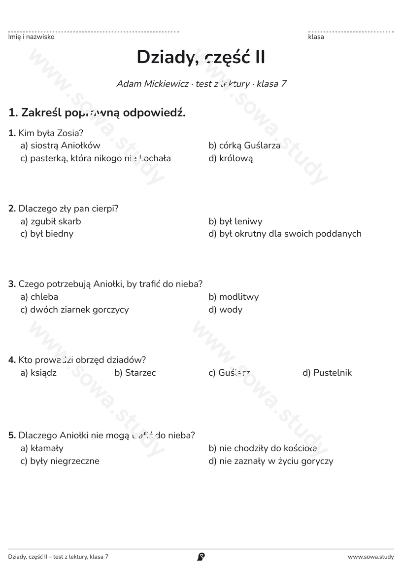 Dziady, część II – test z lektury, klasa 7 – darmowa karta pracy do druku