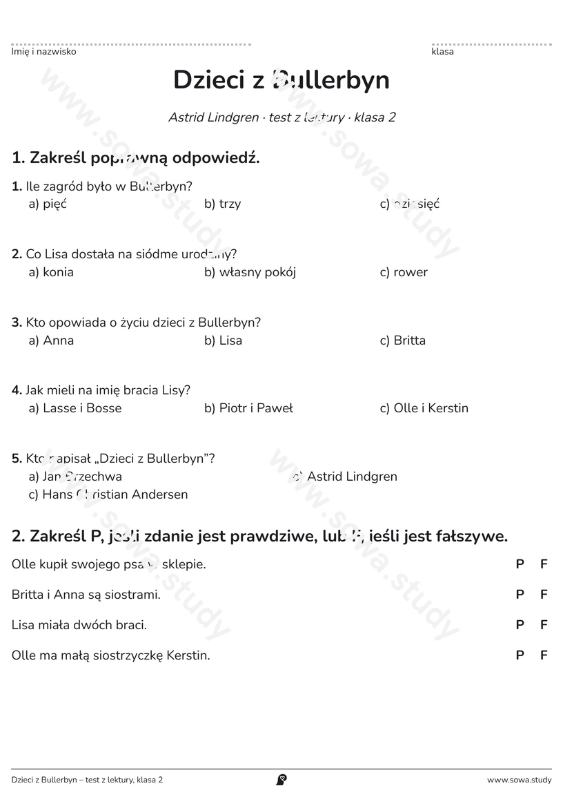 Dzieci z Bullerbyn – test z lektury, klasa 2 – karta pracy do druku