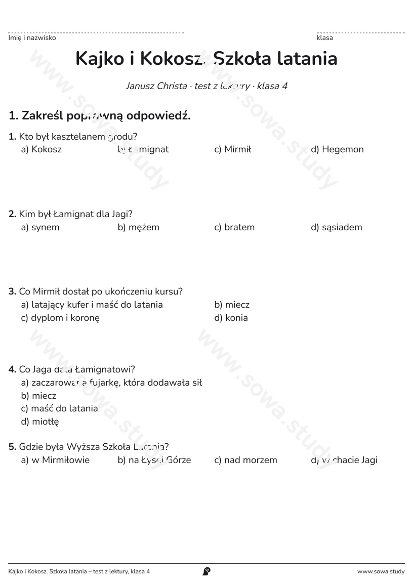 Kajko i Kokosz. Szkoła latania – test z lektury, klasa 4 – darmowa karta pracy do druku