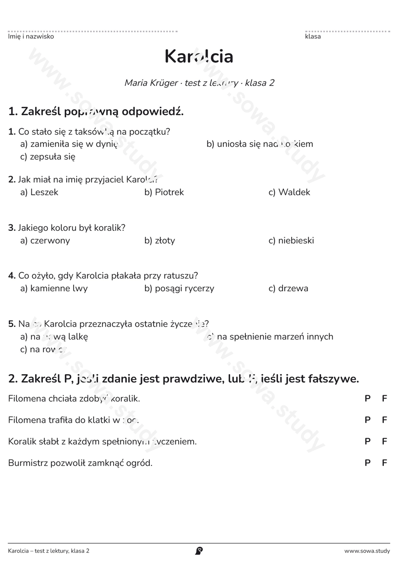 Karolcia – test z lektury, klasa 2 – darmowa karta pracy do druku