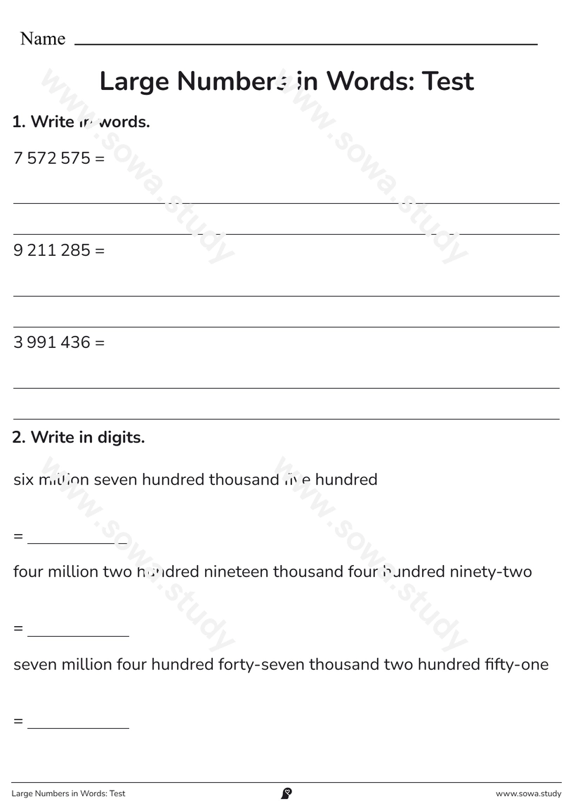 Large Numbers in Words: Test – free printable worksheet