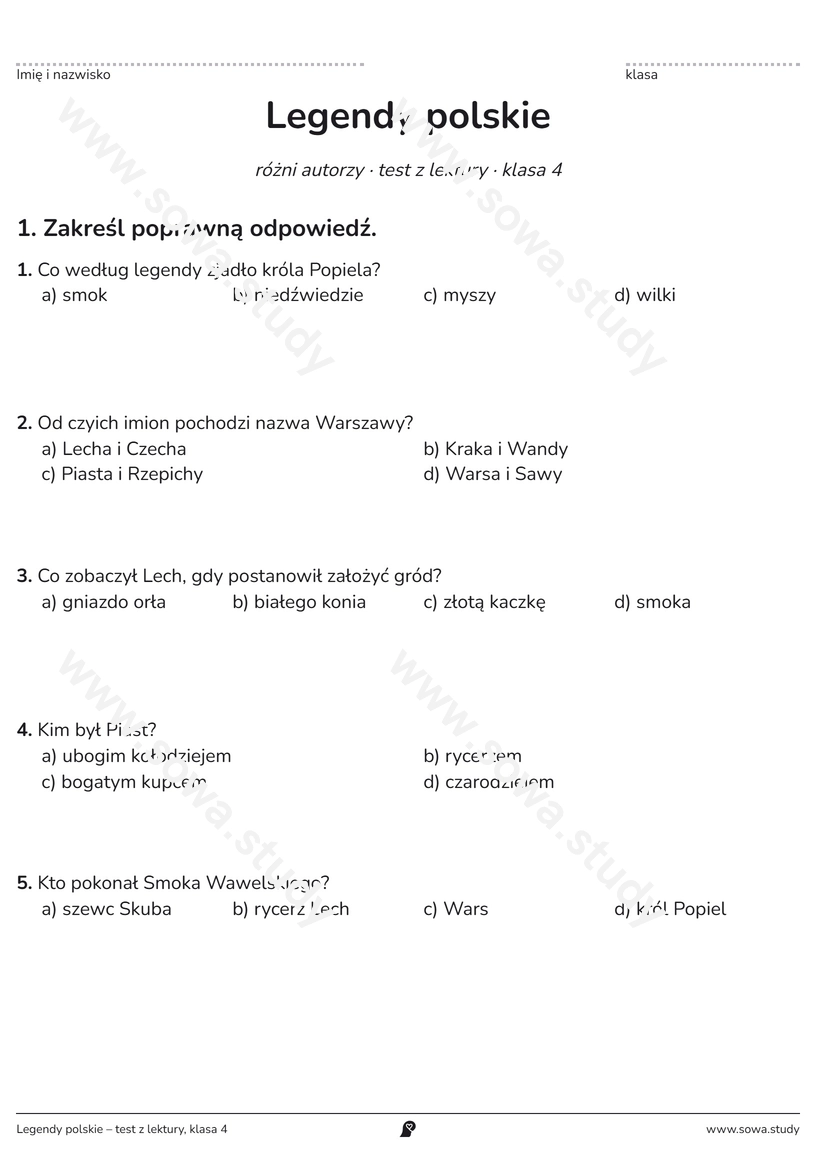 Legendy polskie – test z lektury, klasa 4 – darmowa karta pracy do druku