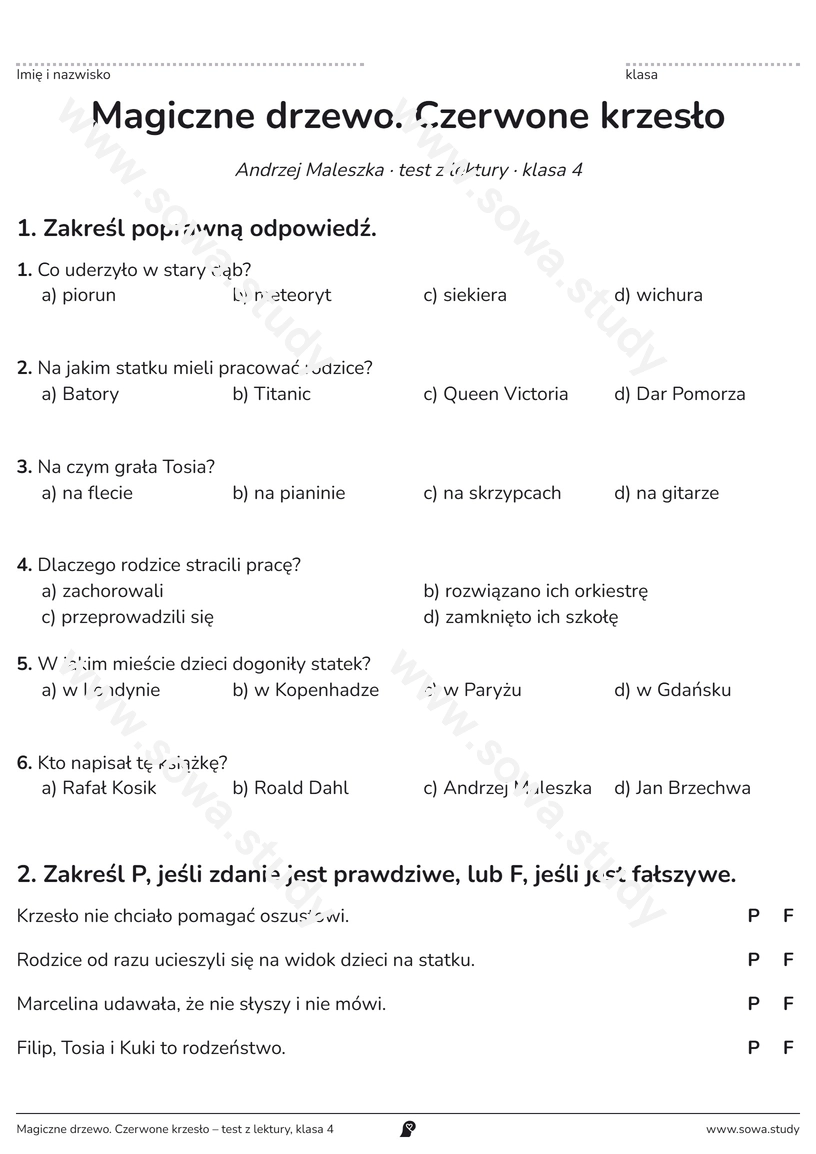 Magiczne drzewo. Czerwone krzesło – test z lektury, klasa 4 – darmowa karta pracy do druku
