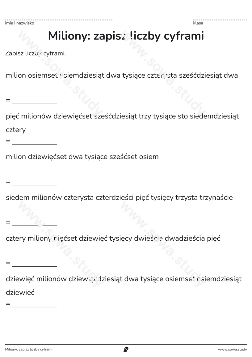 Miliony: zapisz liczby cyframi – darmowa karta pracy do druku