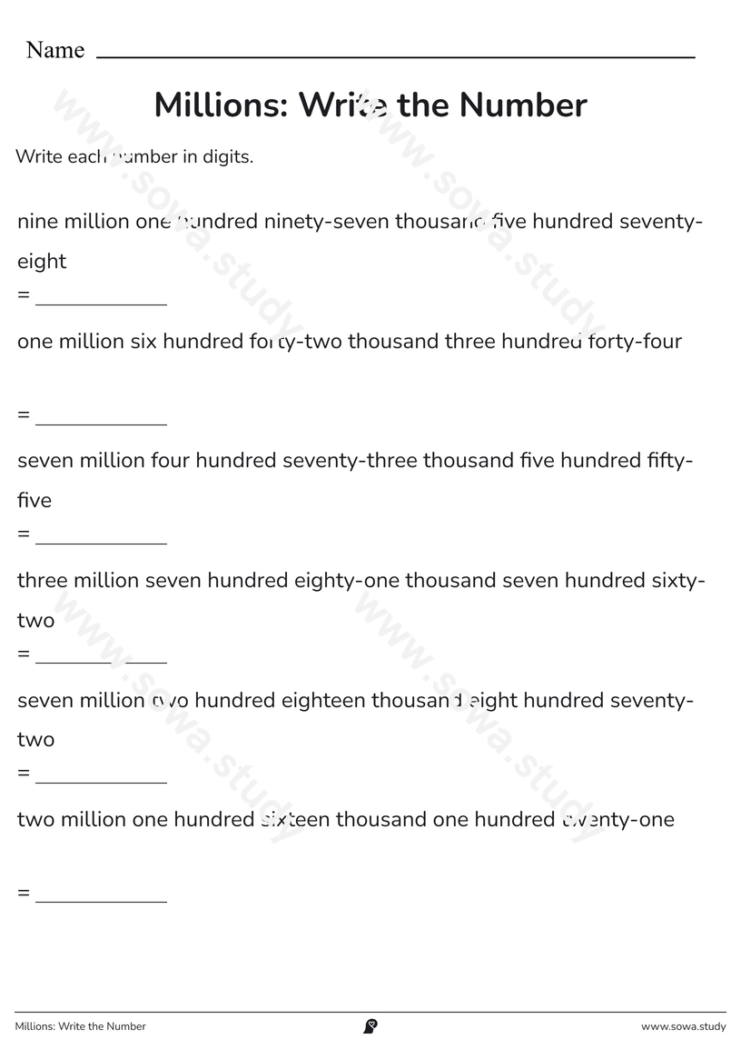 Millions: Write the Number – free printable worksheet