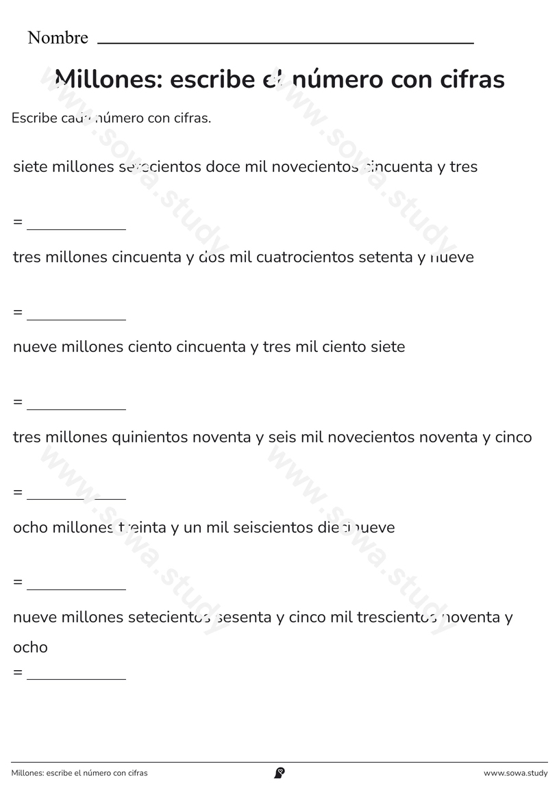 Millones: escribe el número con cifras – ficha imprimible gratis