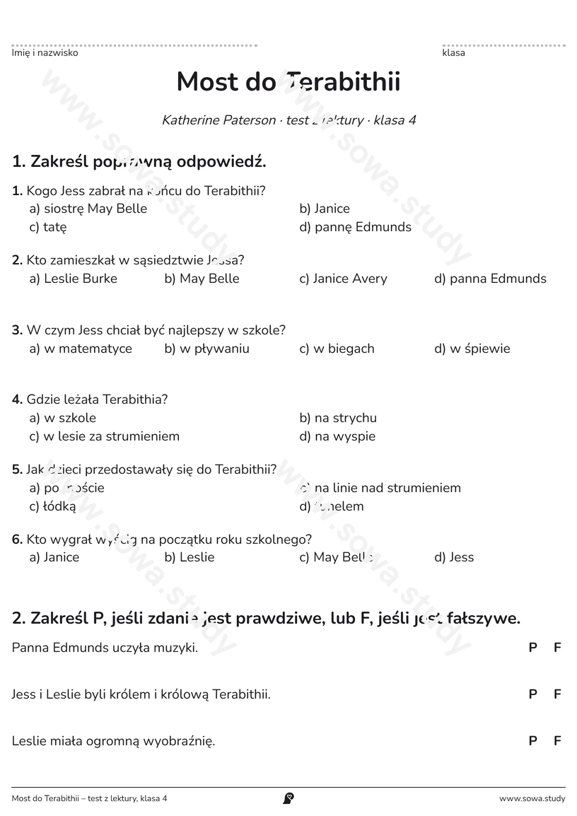 Most do Terabithii – test z lektury, klasa 4 – darmowa karta pracy do druku