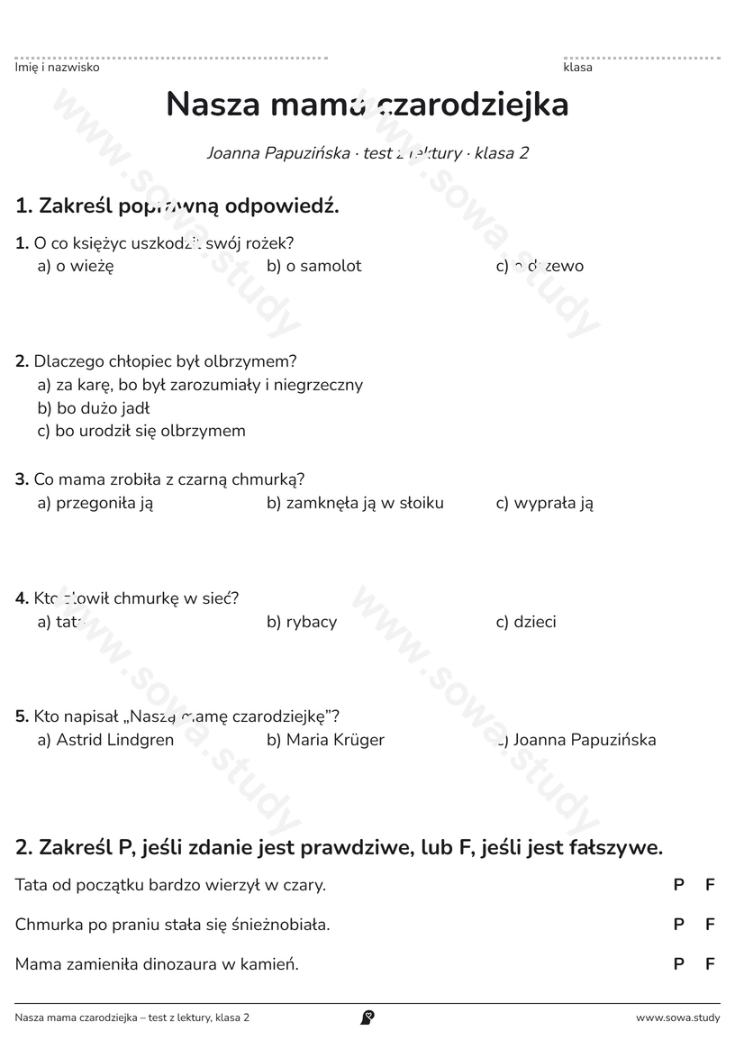Nasza mama czarodziejka – test z lektury, klasa 2 – darmowa karta pracy do druku
