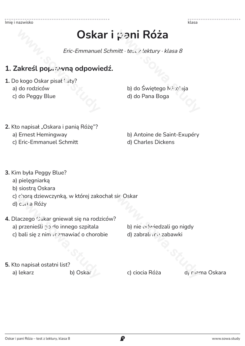 Oskar i pani Róża – test z lektury, klasa 8 – darmowa karta pracy do druku