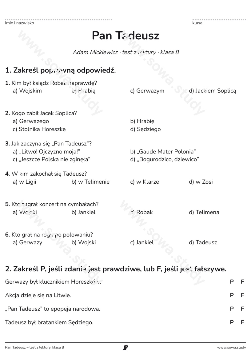 Pan Tadeusz – test z lektury, klasa 8 – darmowa karta pracy do druku