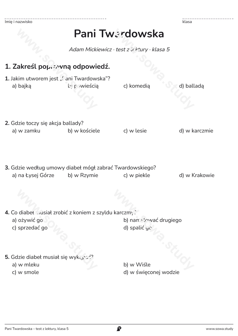 Pani Twardowska – test z lektury, klasa 5 – darmowa karta pracy do druku
