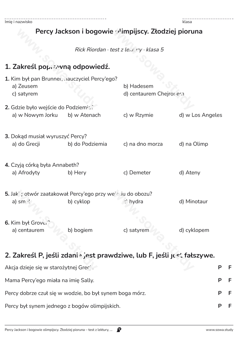 Percy Jackson i bogowie olimpijscy. Złodziej pioruna – test z lektury, klasa 5 – darmowa karta pracy do druku
