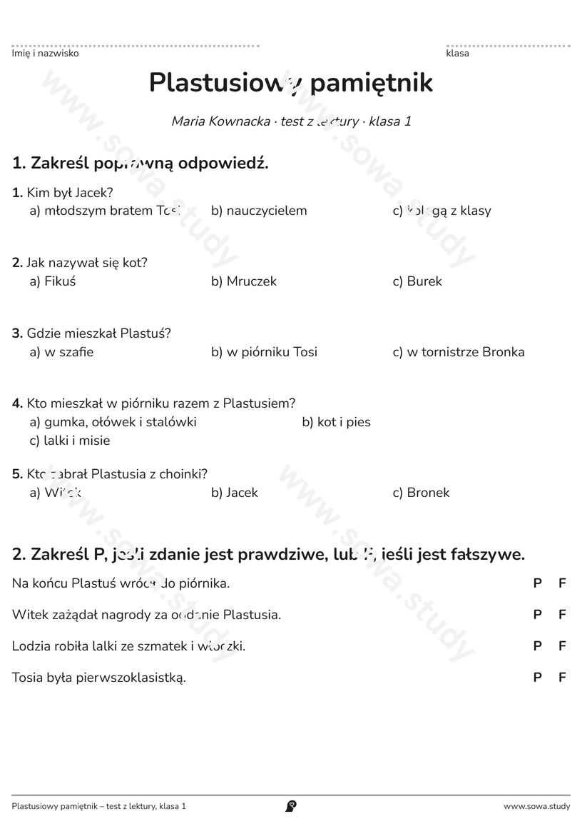 Plastusiowy pamiętnik – test z lektury, klasa 1 – darmowa karta pracy do druku