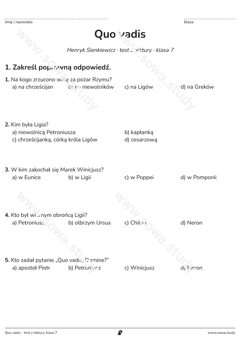 Quo vadis – test z lektury, klasa 7 – darmowa karta pracy do druku