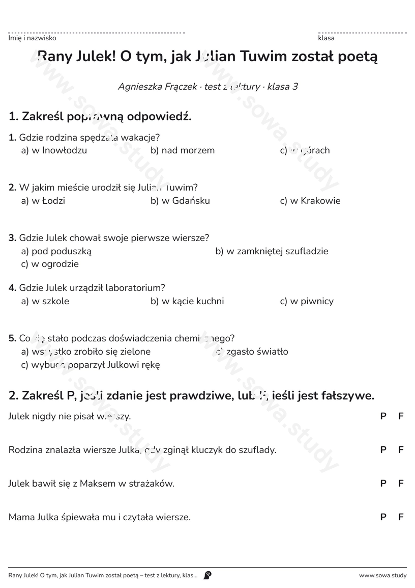 Rany Julek! O tym, jak Julian Tuwim został poetą – test z lektury, klasa 3 – darmowa karta pracy do druku