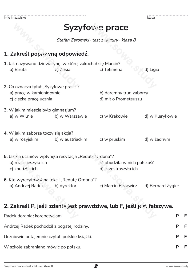 Syzyfowe prace – test z lektury, klasa 8 – darmowa karta pracy do druku