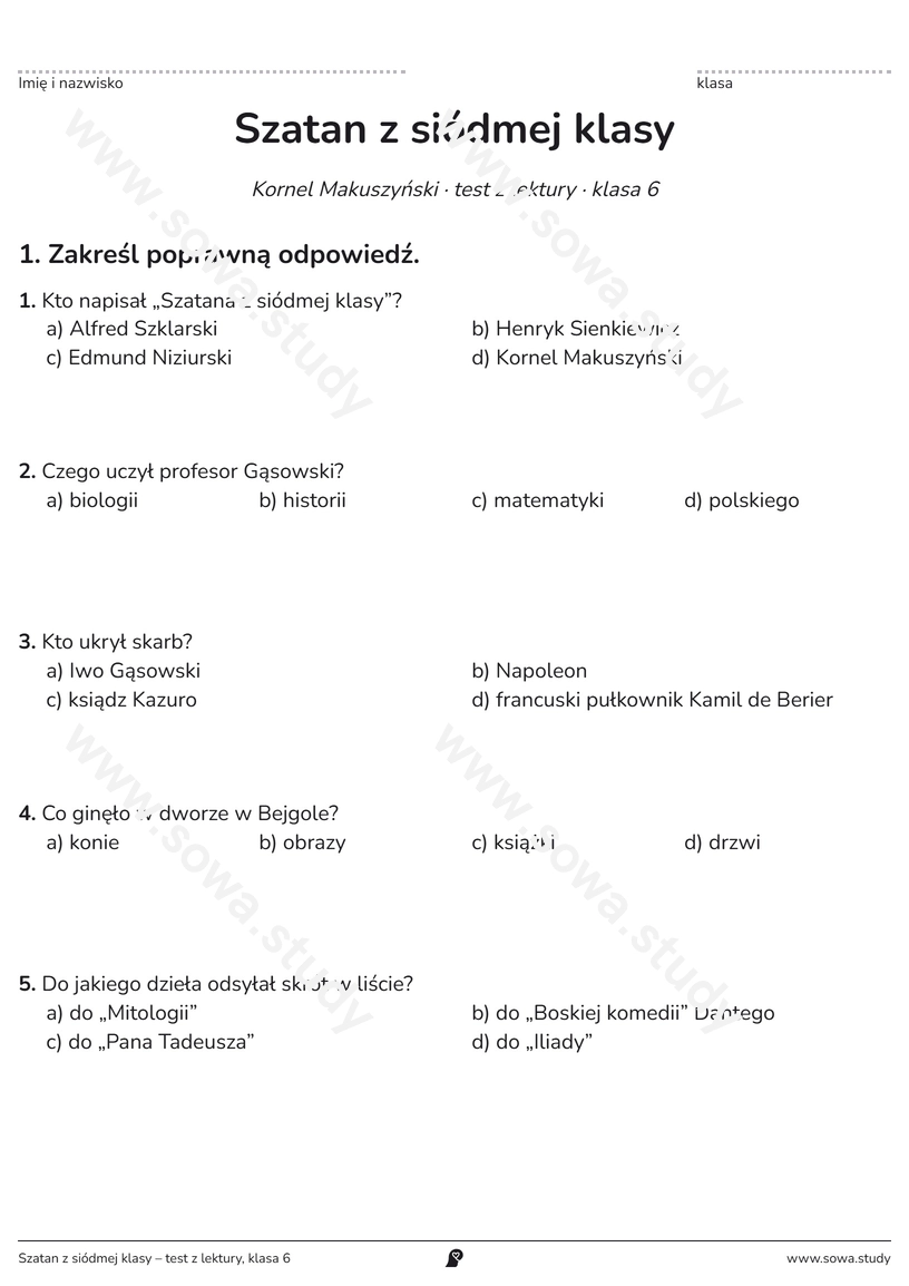 Szatan z siódmej klasy – test z lektury, klasa 6 – darmowa karta pracy do druku