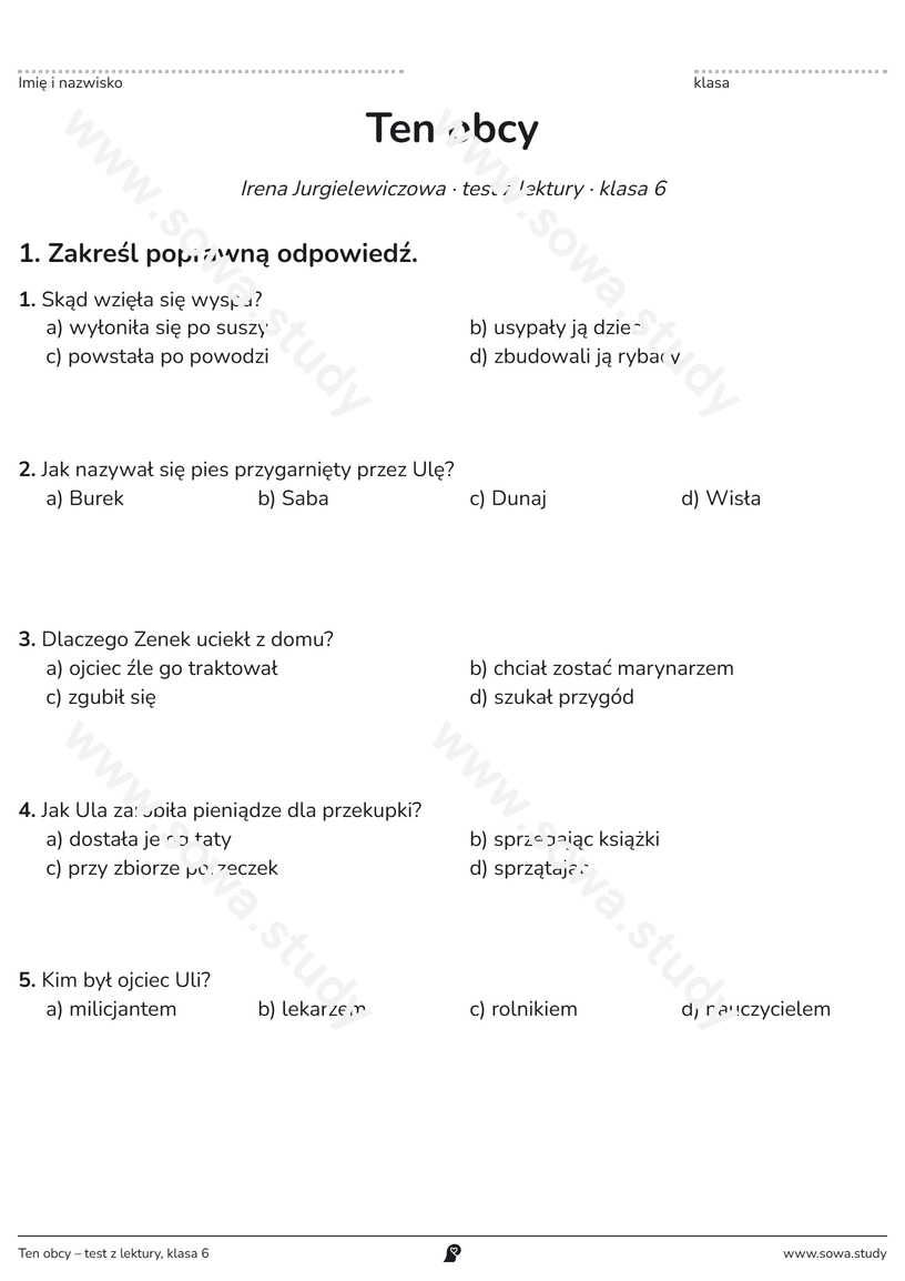 Ten obcy – test z lektury, klasa 6 – darmowa karta pracy do druku