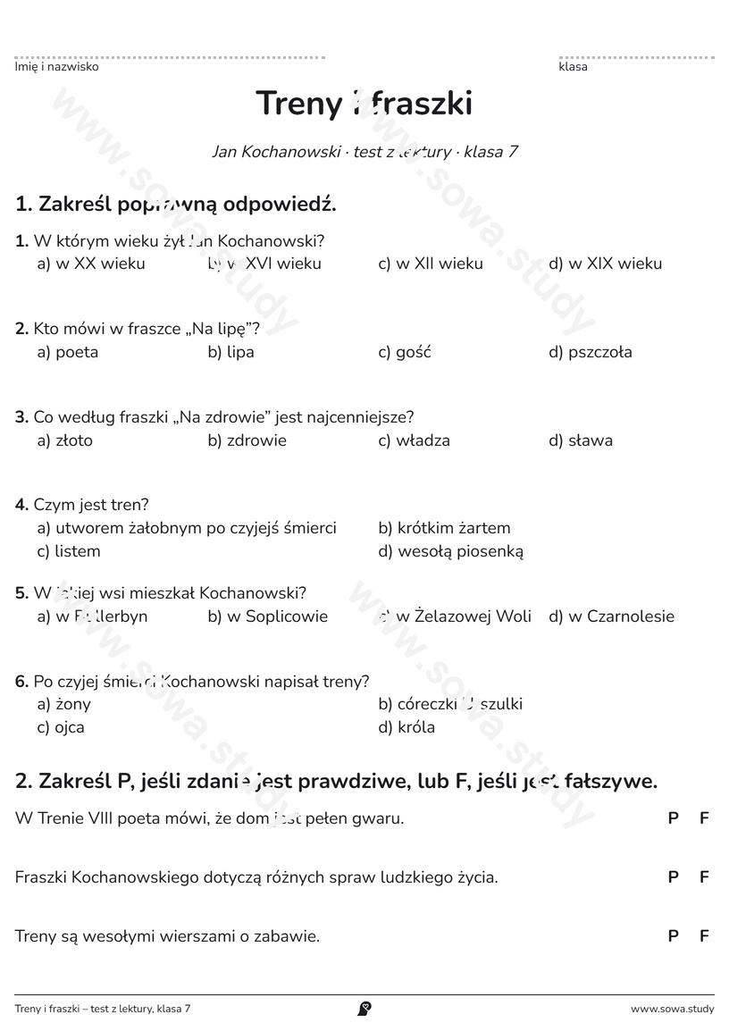 Treny i fraszki – test z lektury, klasa 7 – darmowa karta pracy do druku