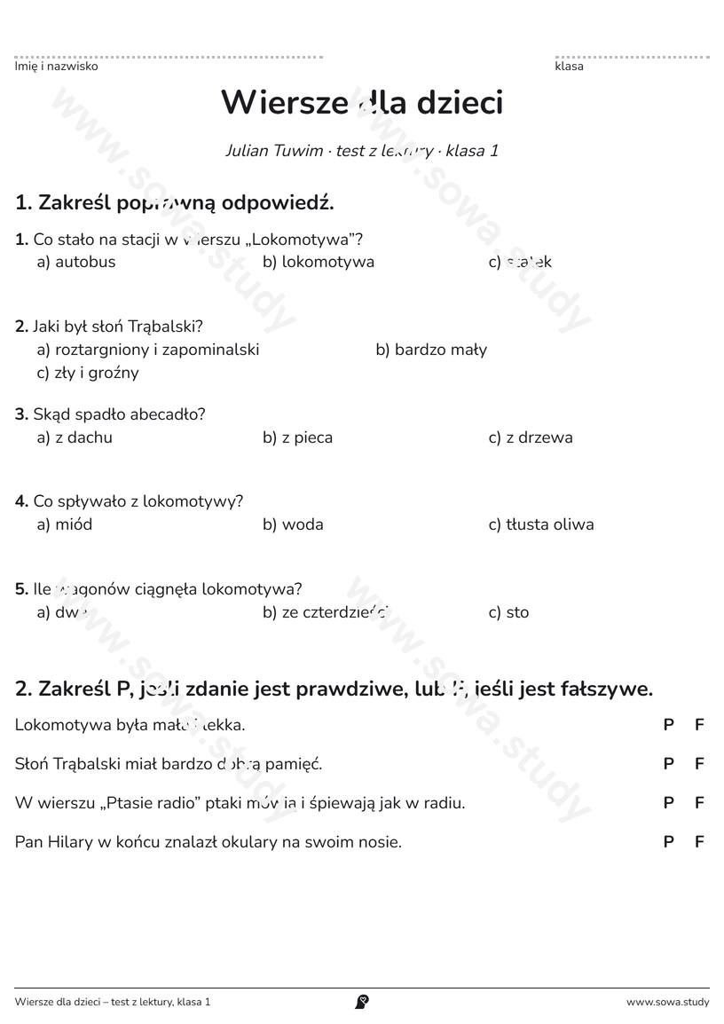 Wiersze dla dzieci – test z lektury, klasa 1 – darmowa karta pracy do druku