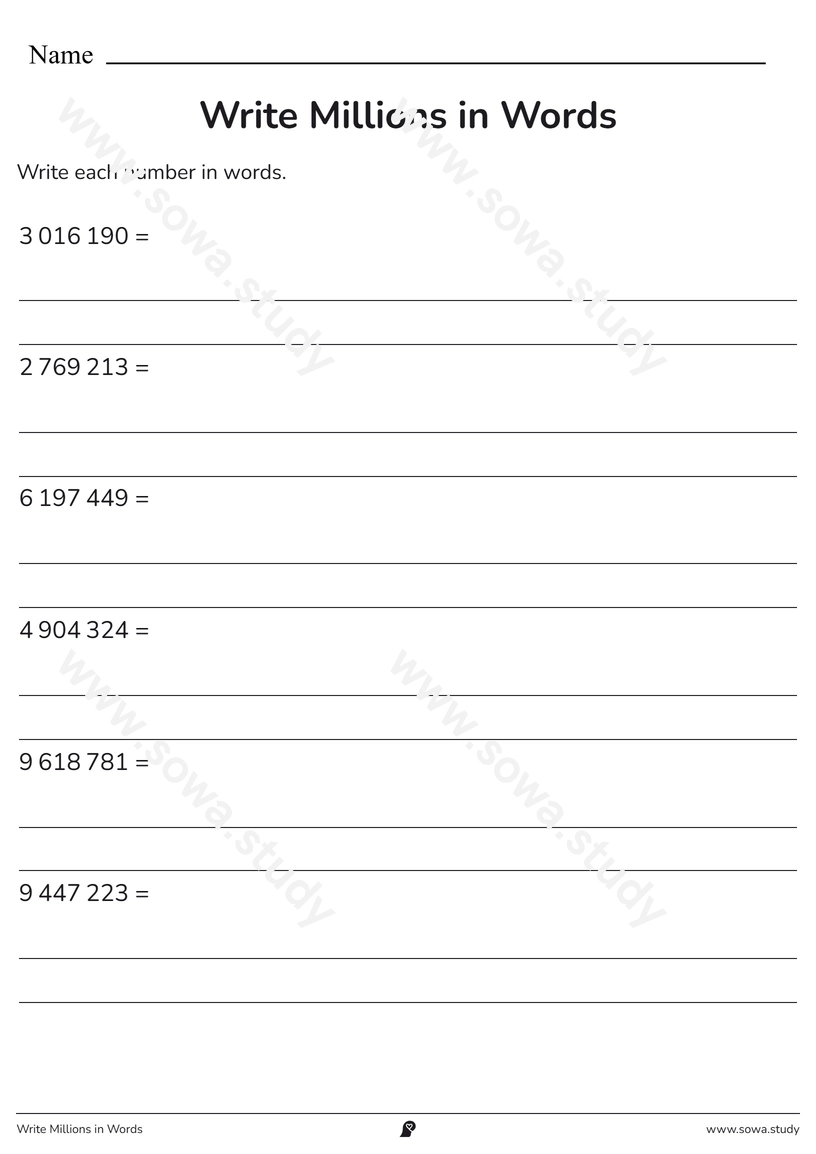 Write Millions in Words – free printable worksheet