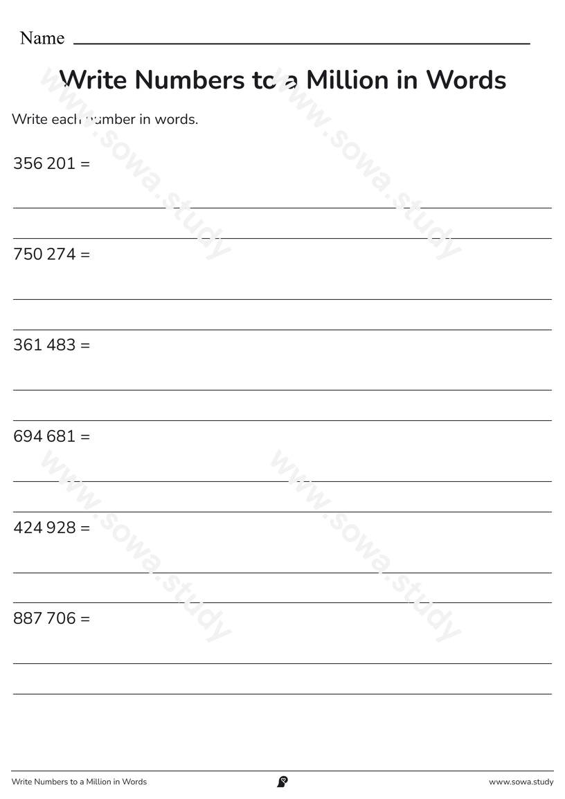 Write Numbers to a Million in Words – free printable worksheet