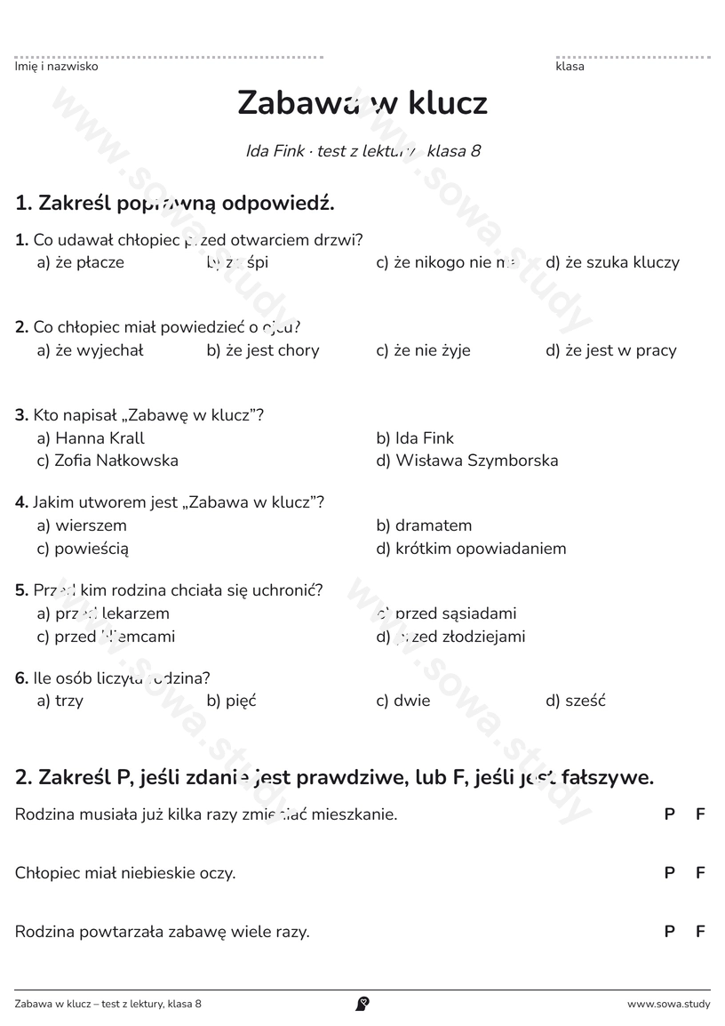 Zabawa w klucz – test z lektury, klasa 8 – darmowa karta pracy do druku