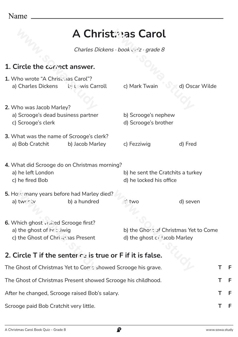 A Christmas Carol Book Quiz – Grade 8 – printable worksheet