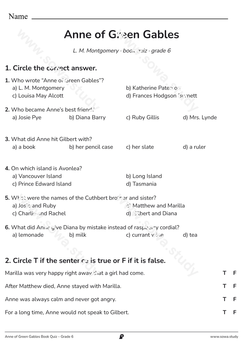 Anne of Green Gables Book Quiz – Grade 6 – printable worksheet