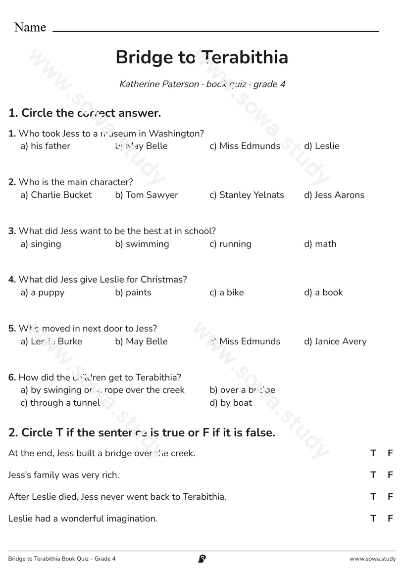 Bridge to Terabithia Book Quiz – Grade 4 – printable worksheet