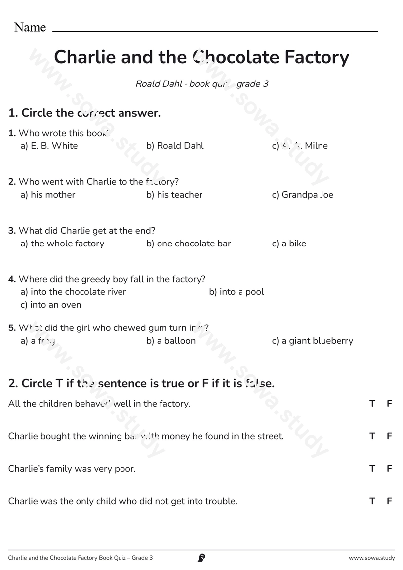 Charlie and the Chocolate Factory Book Quiz – Grade 3 – printable worksheet