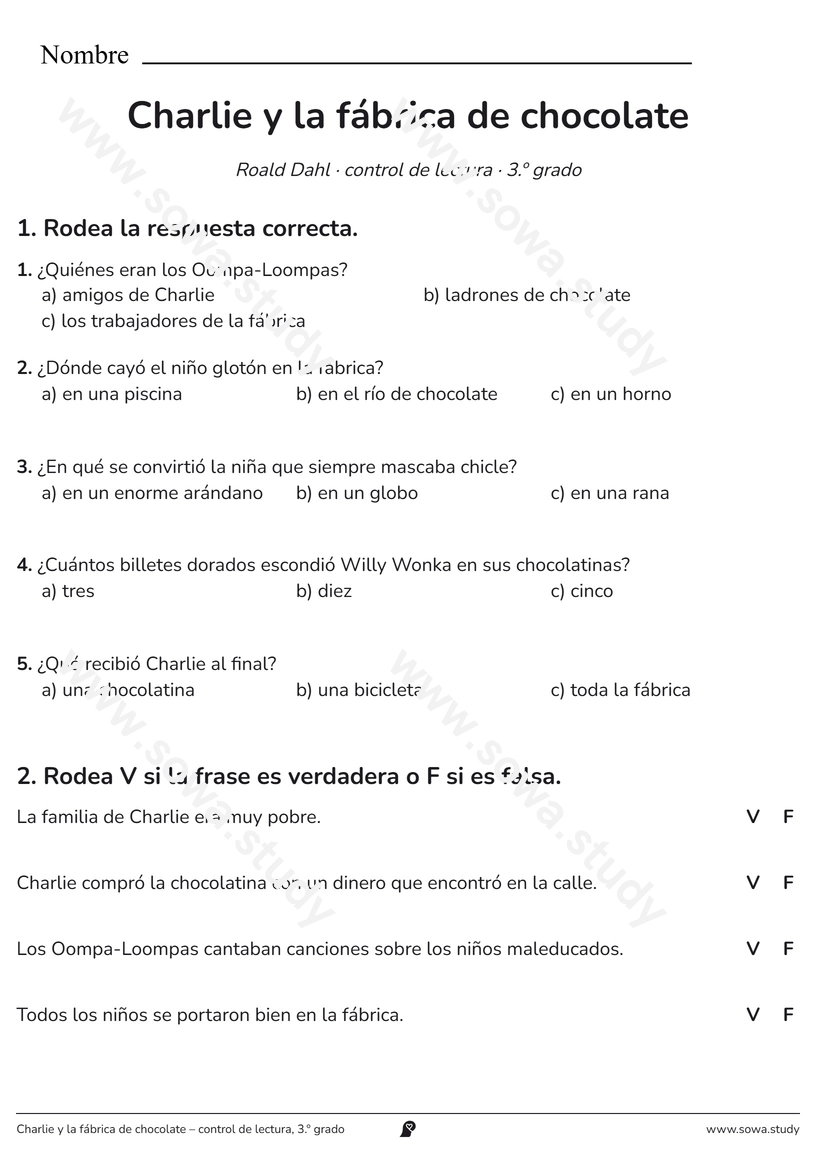Charlie y la fábrica de chocolate – control de lectura, 3.º grado – ficha para imprimir