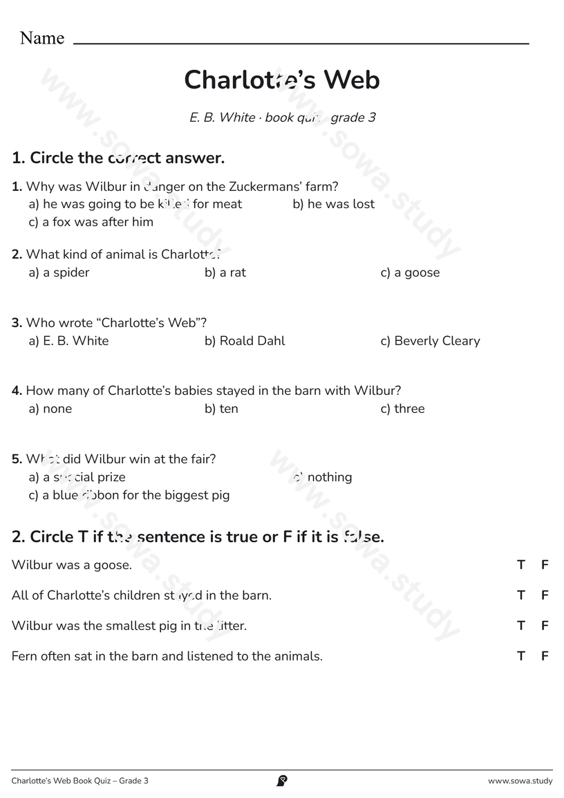 Charlotte’s Web Book Quiz – Grade 3 – printable worksheet